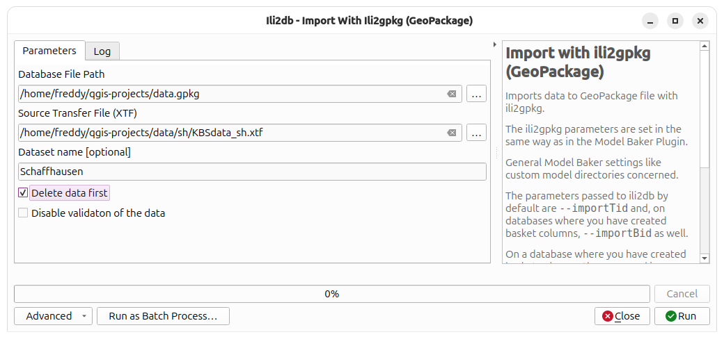 Imports data with ili2pg
