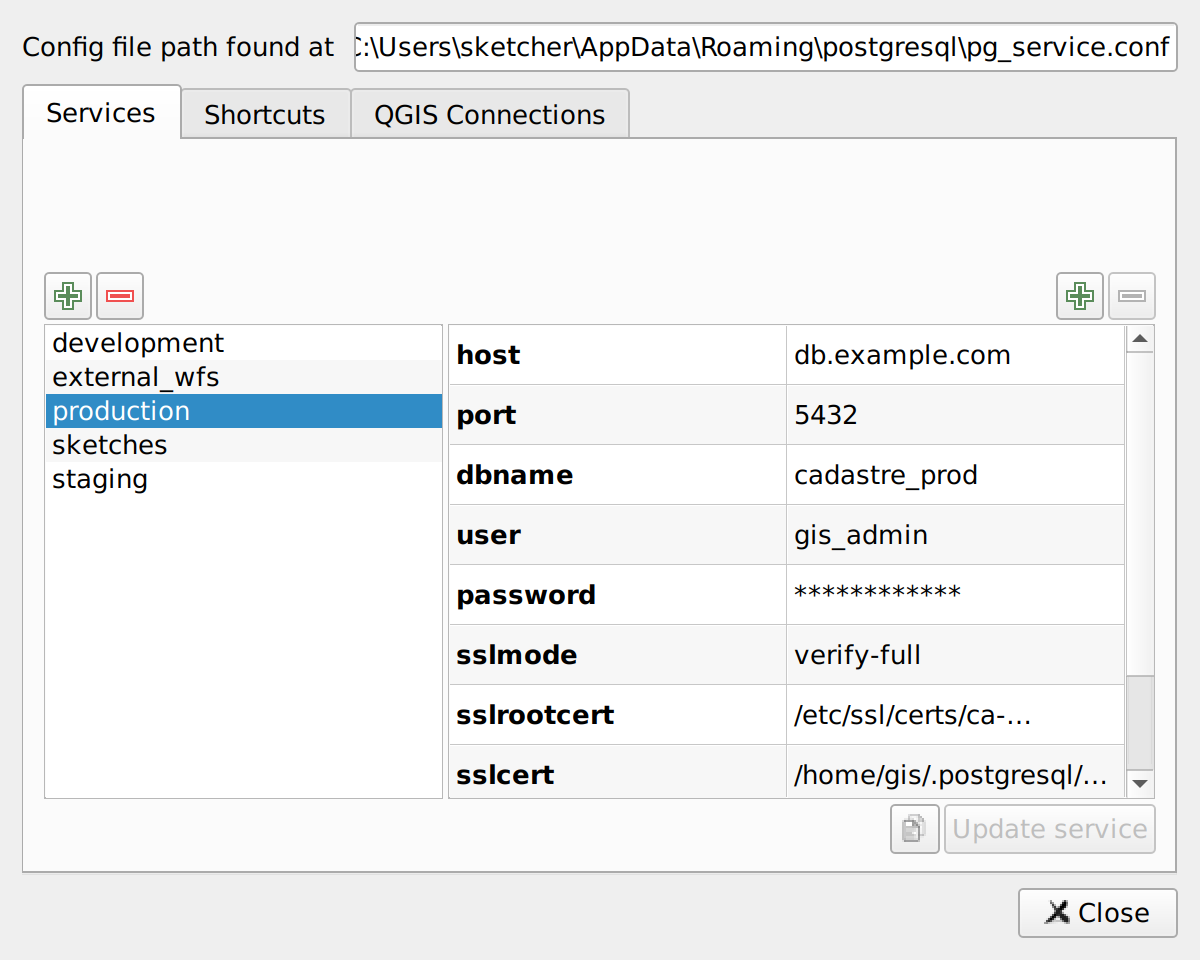 Edit tab with a service selected